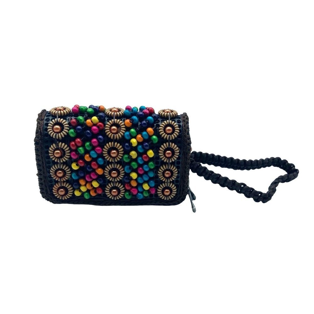 Designer Party Multi-color Beaded Coconut Shell Crochet Wristlet Zip Close 5"x3"